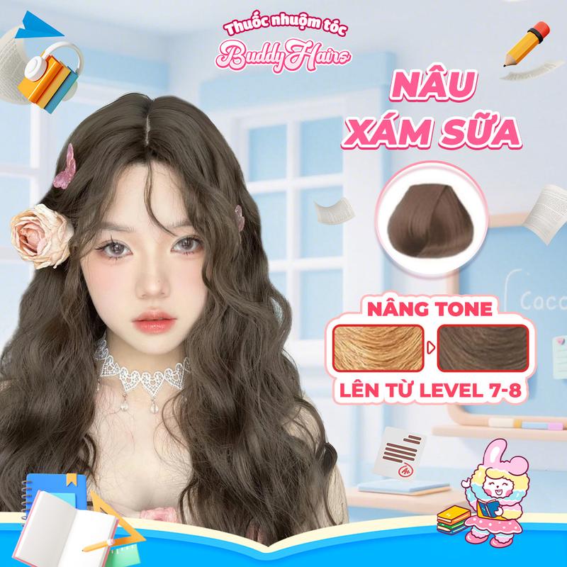 Thuốc nhuộm tóc NÂU XÁM SỮA không cần dùng Thuốc Tẩy Tóc Buddyhairs, Buddy.hairs, Buddyhairs
