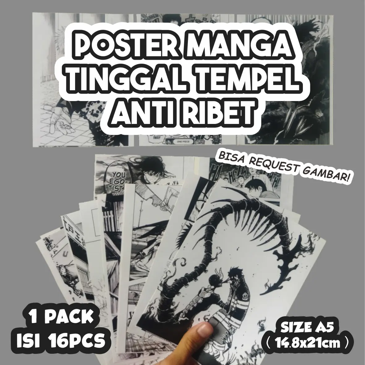 POSTER MANGA STICKER TINGGAL TEMPEL WALL DECOR ISI 16 PCS ( BISA REQUEST ) ( BISA COD ) ( PROSES CEPAT, 1 HARI JADI )