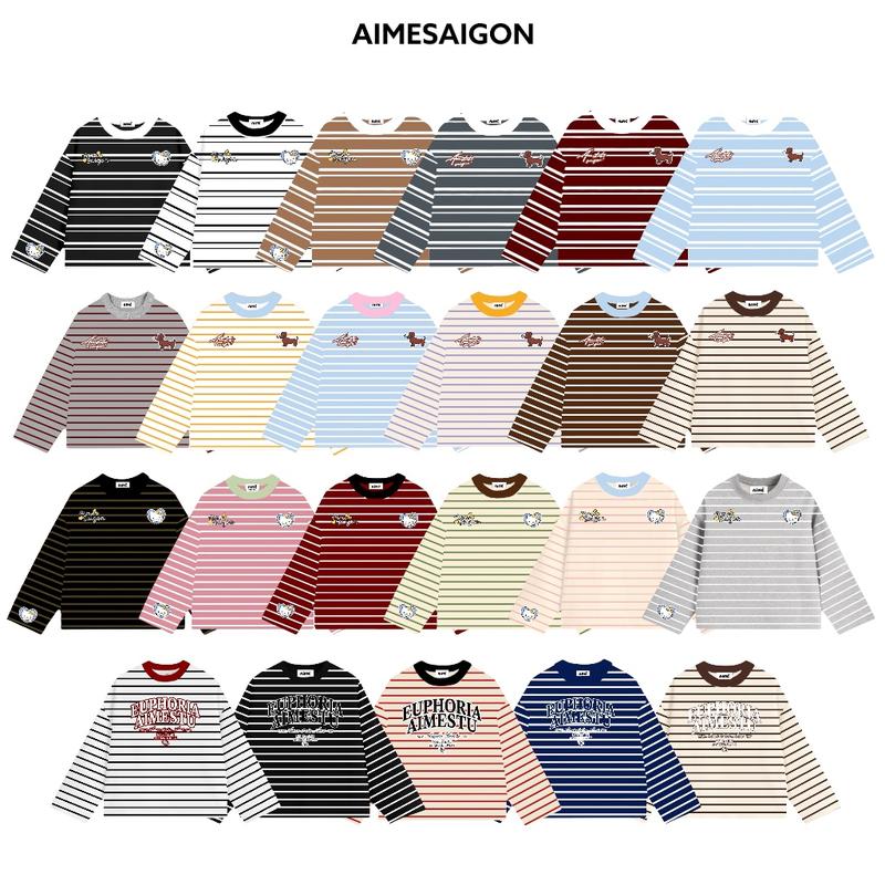 CHÍNH HÃNG FULL MÀU Aimesaigon Áo Thun Tay Dài Sọc Ngang Thun Borip QC Long Sleeve Boxy AIMÉ Form Rộng Cổ Tròn "DOG - EUPHORIA - KITTY" Unisex Nam Nữ Basic Dễ Phối Đồ Casual Áo thu đông