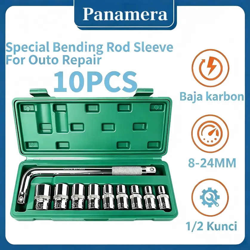 Mata Kunci Sok Set 10Pcs 8-24mm 1/2 Inch 6PT Termasuk Gagang Sock L Kunci Mata Shock