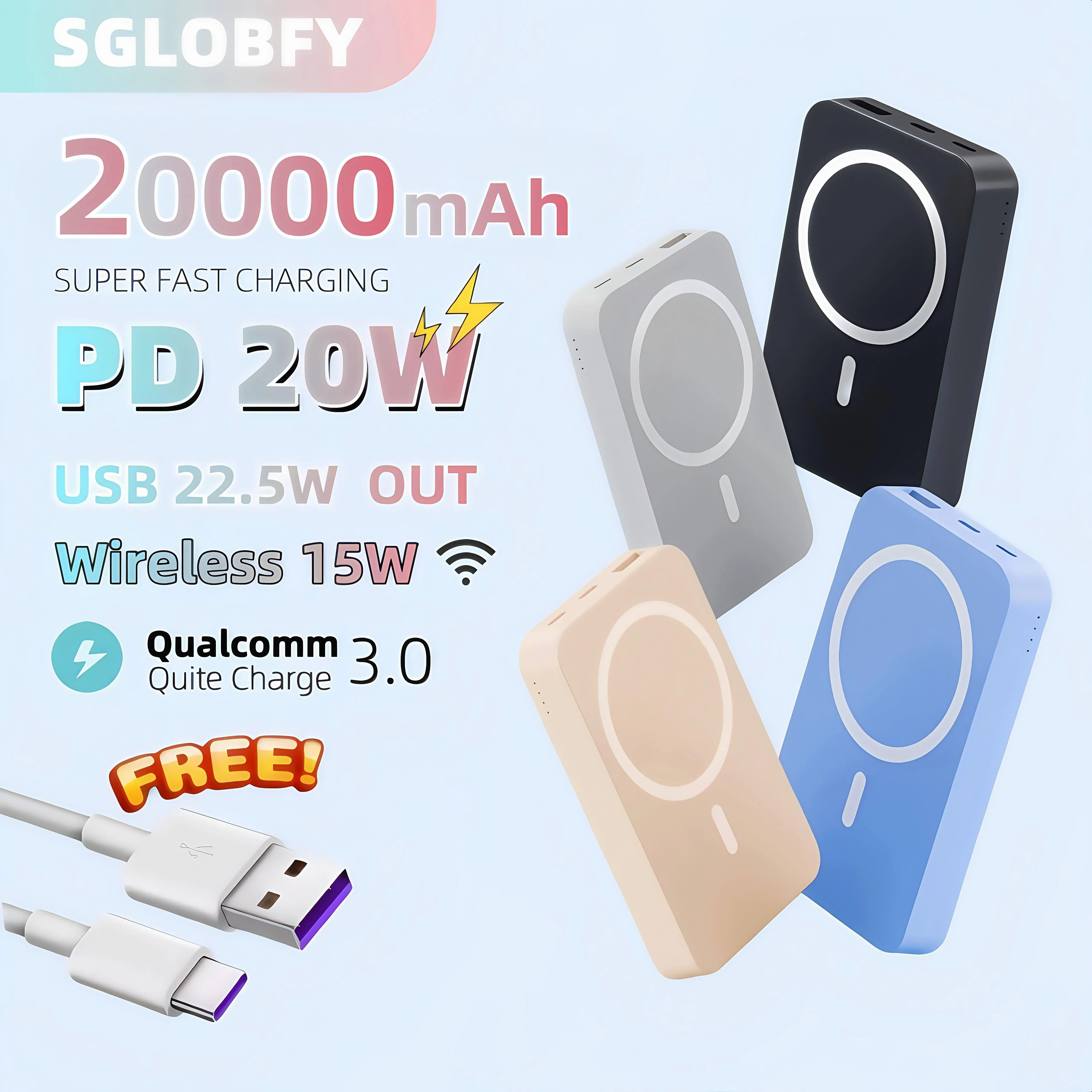 SG Portable Charger Magnetic Powerbank 20000mAh Fast Charging Built in Dual-Cable Digital Display Power Bank