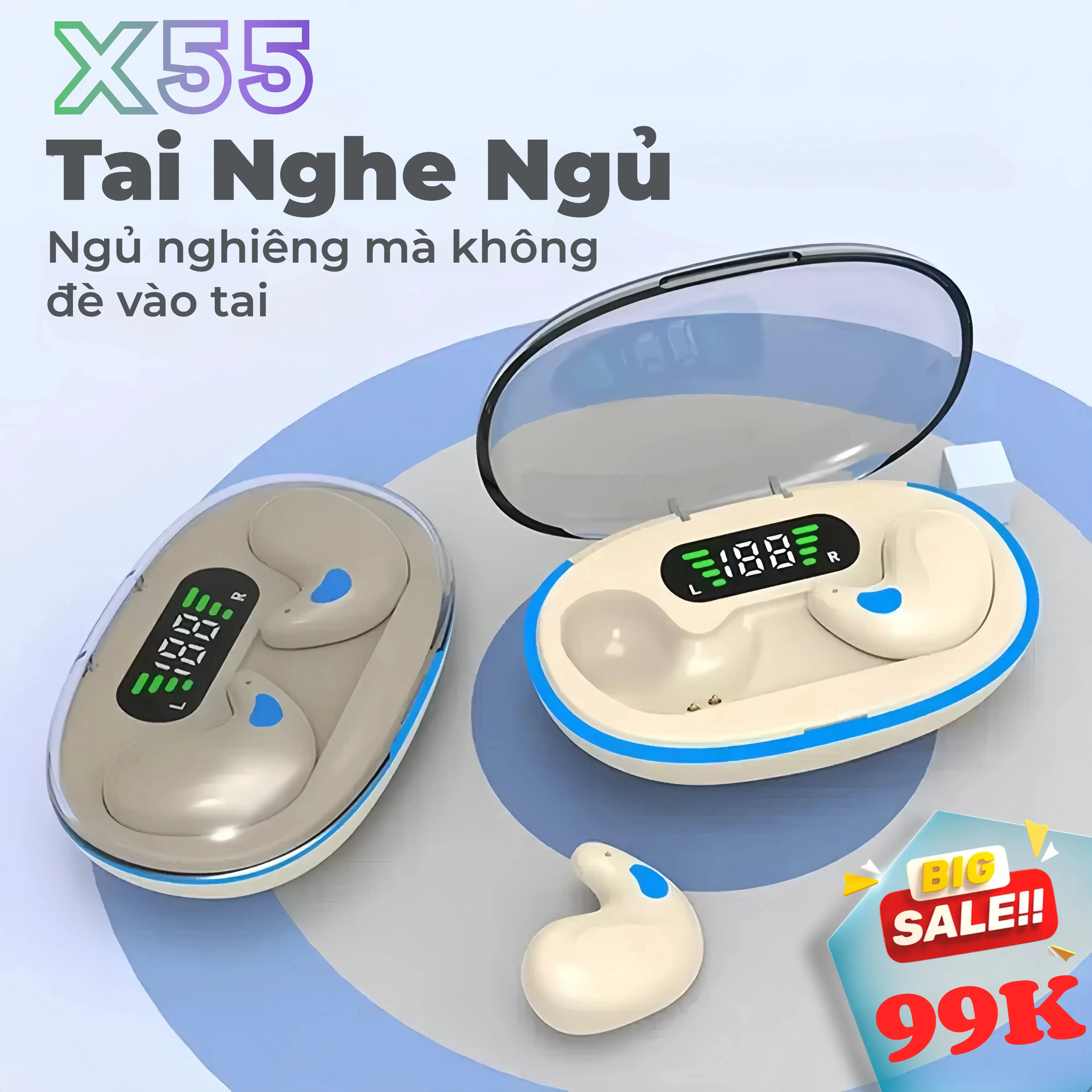 Tai nghe ngủ X55 [2 Quà tặng miễn phí]  1 Nhãn dán hoạt hình+1 Bao tay chơi game, Âm thanh nổi mức HiFi,  iPX5 Chống thấm nước Tích hợp Mic, Cho tai nghe điều khiển cảm ứng iPhone và Andriod