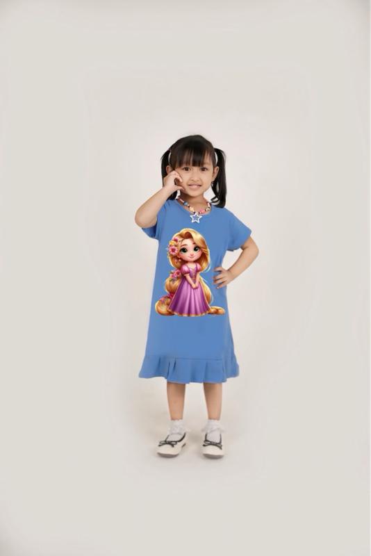 Daster Dress Anak Perempuan karakter Disney Rapunzel Anak usia 1-9 tahun Bahan Katun Halus Original