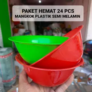 Paket Hemat 24 Pcs Mangkok Plastik Semi melamin Murah Tebal Diameter 17 Cm Tinggi 6,5 Cm Warna merah hijau / Mangkuk gemoy
