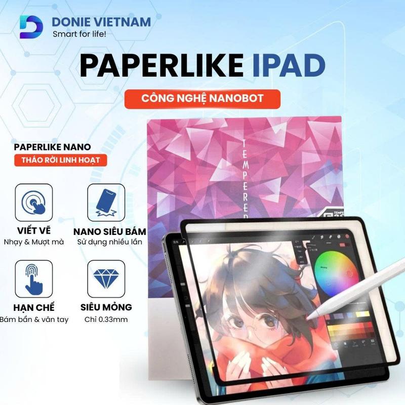 Miếng Dán Paperlike iPad Donie Vietnam Hạt Nano ,Tháo Rời, Chất Nhám Mịn, Tăng Cường Hiển Thị, Dán Nhám Ipad C05