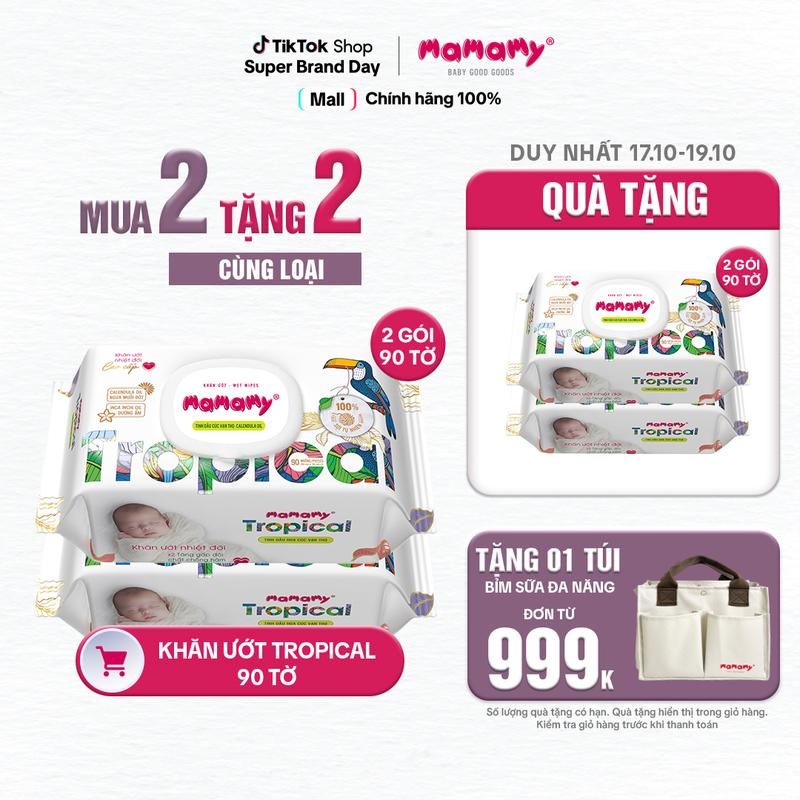[CFV][MUA 2 TẶNG 2] MUA 2 gói khăn ướt Mamamy Tropical 90 tờ cao cấp chính hãng cho mẹ và bé, sợi vải thuần tự nhiên và rayon, x2 chất chống hăm, bổ sung tinh chất thiên nhiên TẶNG 2 gói cùng loại