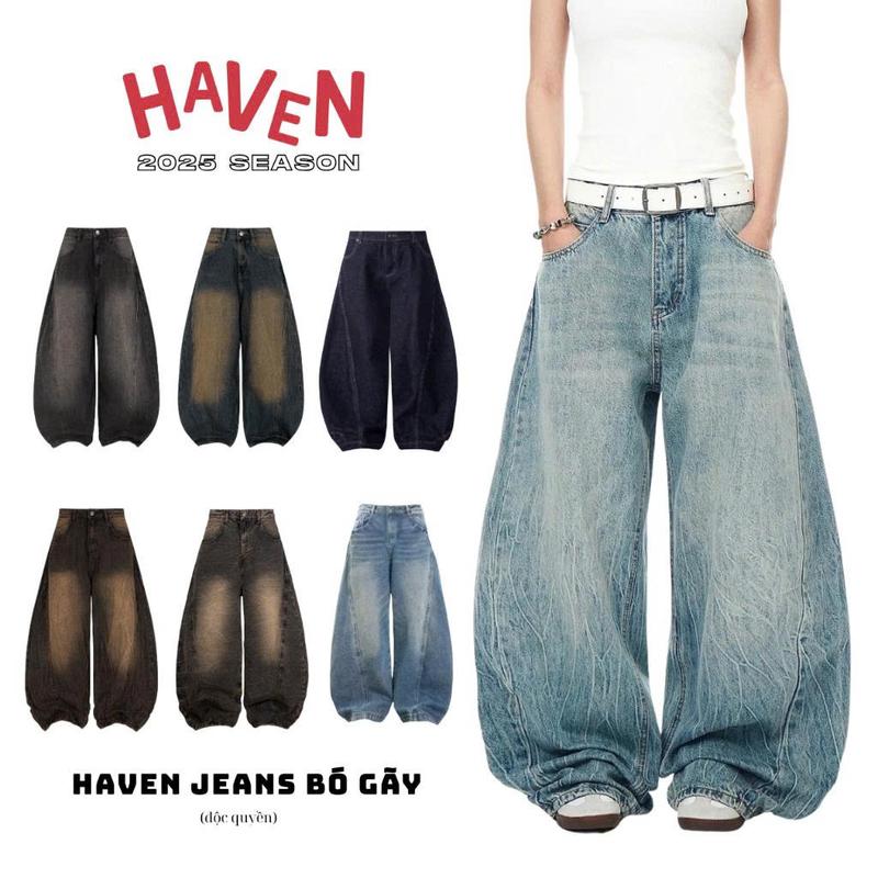 Quần jeans ống cong Haven Studio nam nữ quần jeans ống cong form rộng màu xanh đen phong cách retro