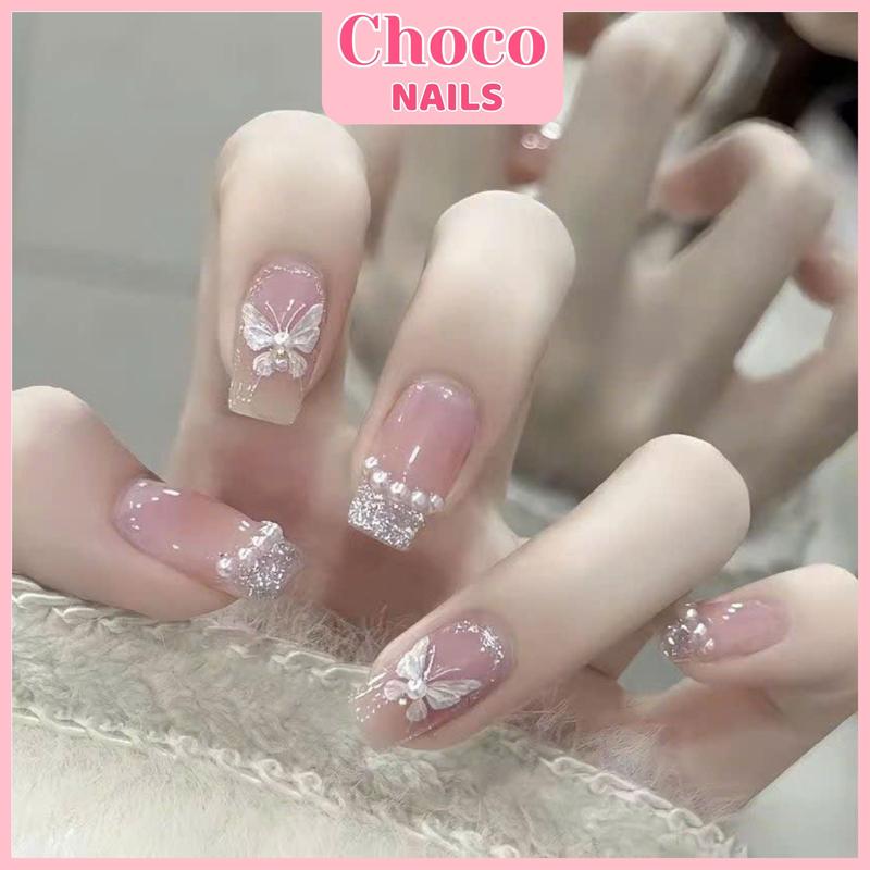   MJ 501   CHOCO NAIL_NAIL BOX  set nail giả 24 m.óng cực xinh,nail giả gắn đá mẫu nail đẹp đơn giản cho Nữ Làm Nail 