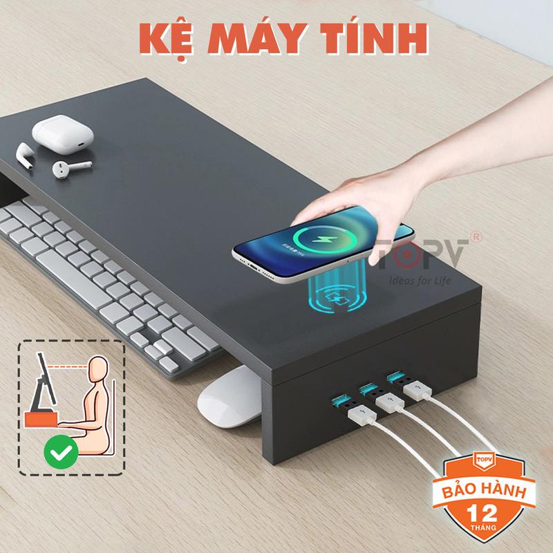 Kệ để máy tính có USB hub kệ để màn hình pc 2 tầng trắng đen giá đỡ laptop decor bàn học kệ vi tính