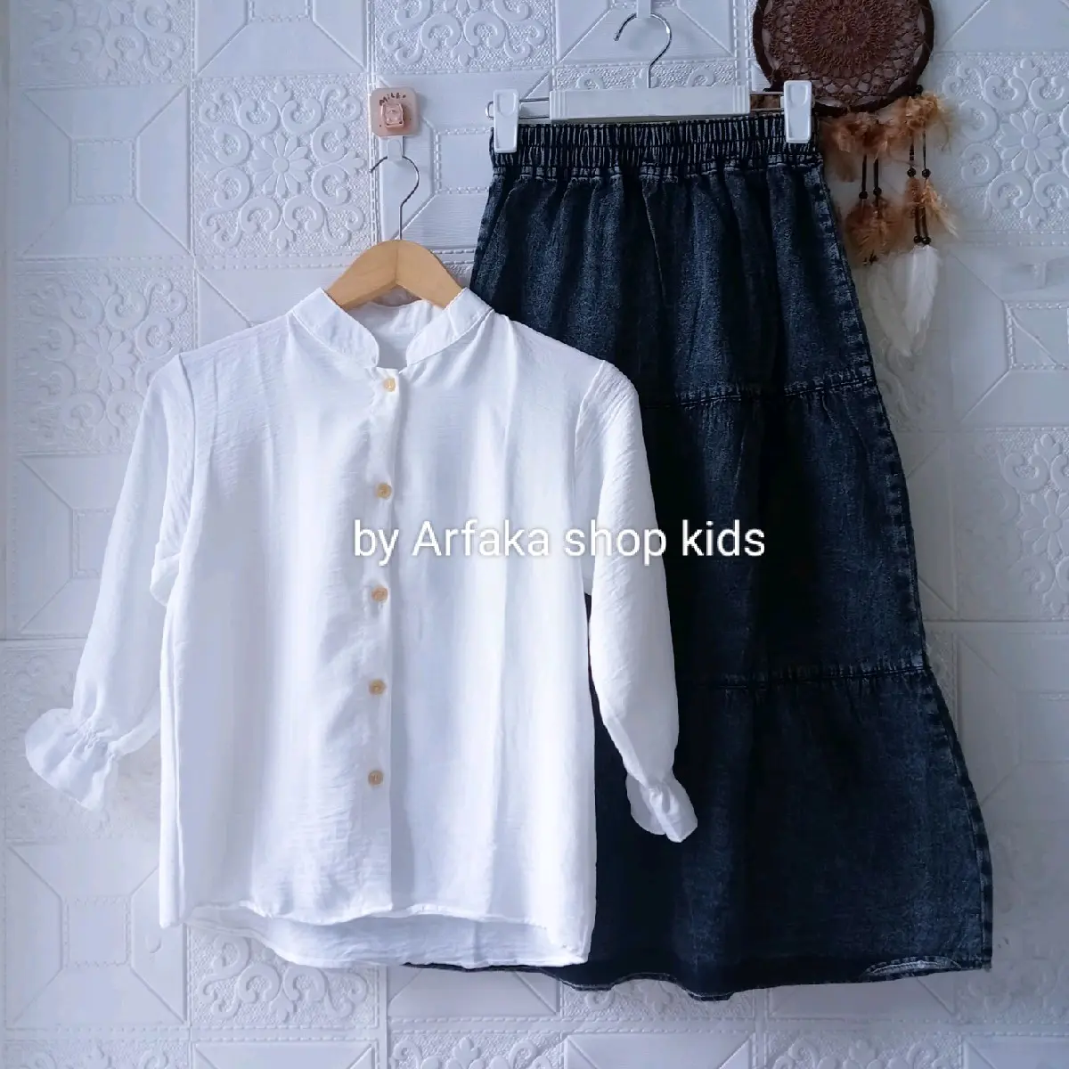 setelan blouse anak crincle tangan serut dan rok canda Jeans