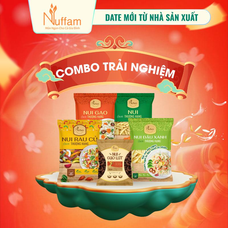   Combo Trải Nghiệm  Nui Ống Dài Vàng 400gr Nui Đậu Xanh 350gr Nui Gạo Lứt 210gr Nui Rau Quả 350gr Nui Gạo 350gr 