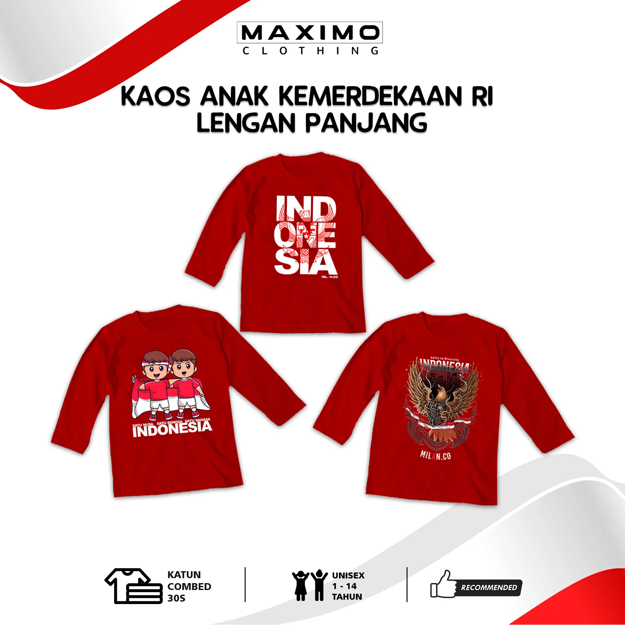Kaos Anak Kemerdekaan RI - Lengan Panjang Merah - Usia 4-12 Tahun - Bahan Katun Combed - COD - kaos agustusan anak Fashion