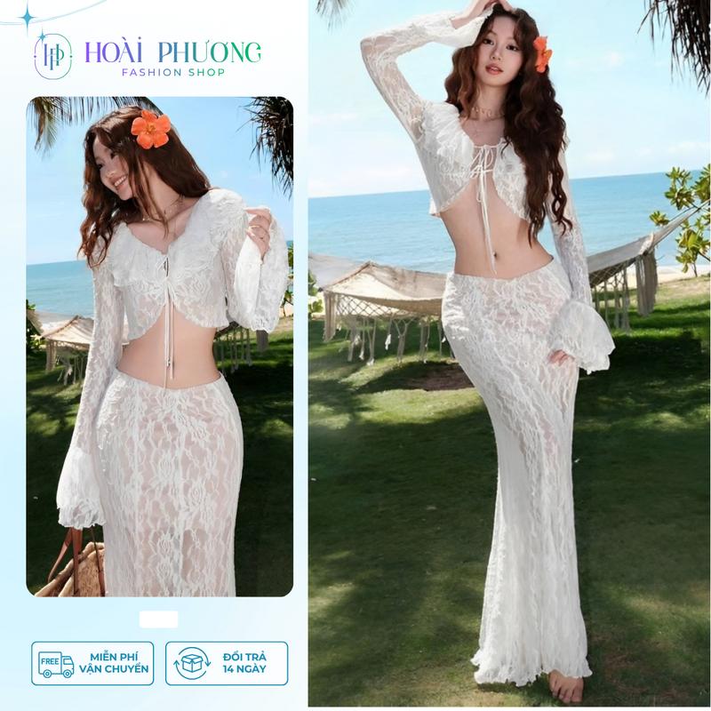 Set váy đi biển chất ren hoa 2 lớp phối tay bèo dáng dài có mút đầm đi biển ren quyến rũ dáng dài ôm body tôn dáng Hoài Phương Shop