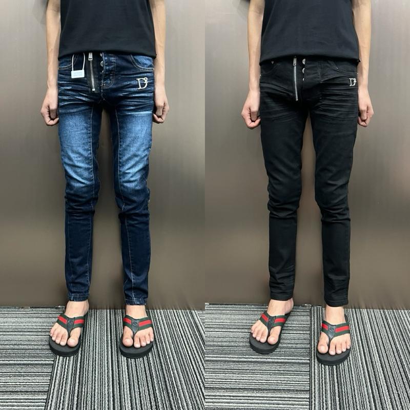 Quần jean nam trơn dập nhăn logo D/2 xanh và đen ,mix khoá lệch hở , quần 4khuy form dáng skinny boy phố co dãn thoải mái , dễ mix đồ .