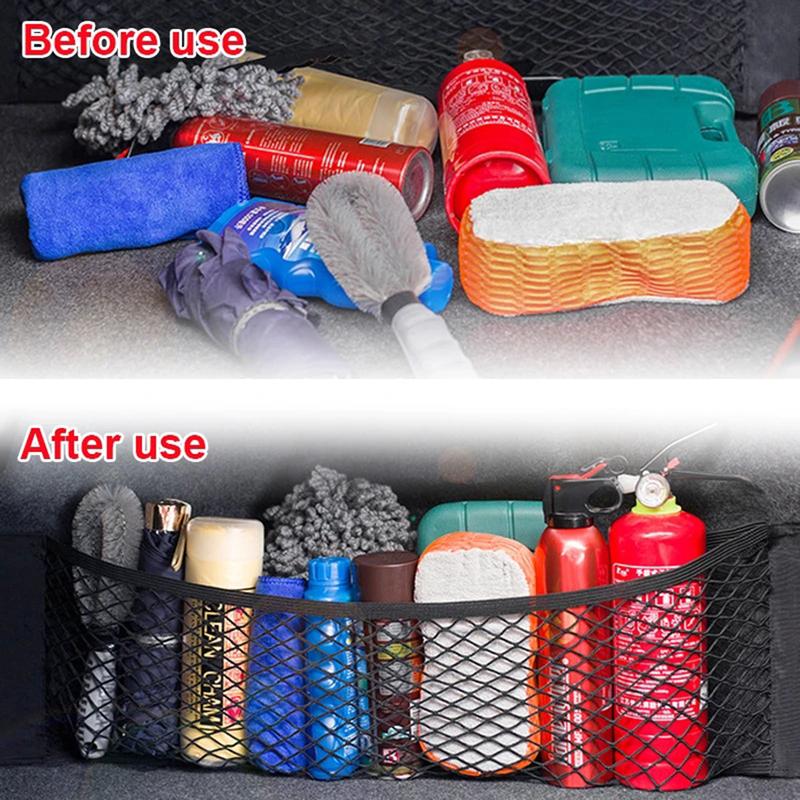 Product Introduction of Car Back Rear Trunk Storage Net Seat Elastic String Net Magic Sticker Mesh Storage Bag Auto Organizer Seat Back Bag 29