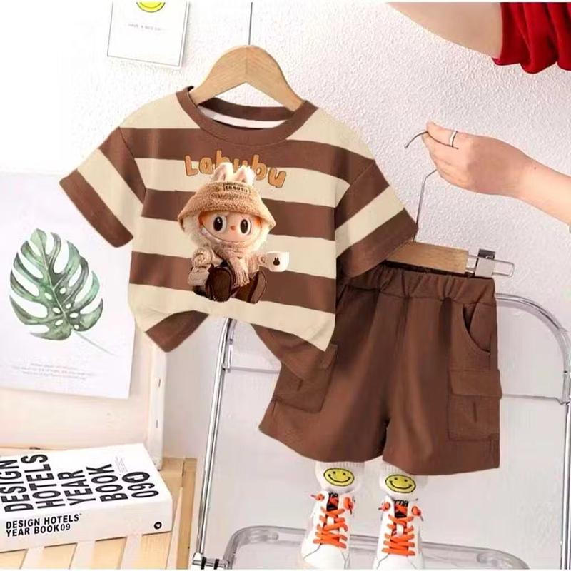 Oneset Fashion anak perempuan terbaru dan lucu motif salur labubuu..u usia anak 1 tahun - 6 tahun celana cargo pendek karet anti begah set labubu setelan Katun Parsel Bayi dan anak 3