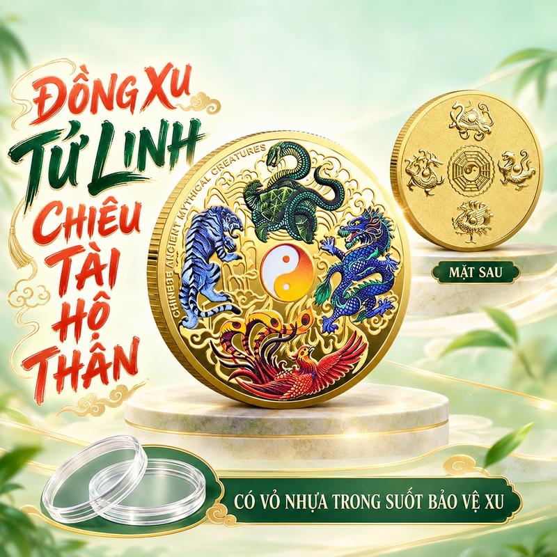 Đồng Xu Tứ Linh , Vật Phẩm Trang trí Decor , Thiết Kế Hai Mặt , Để Bóp Ví