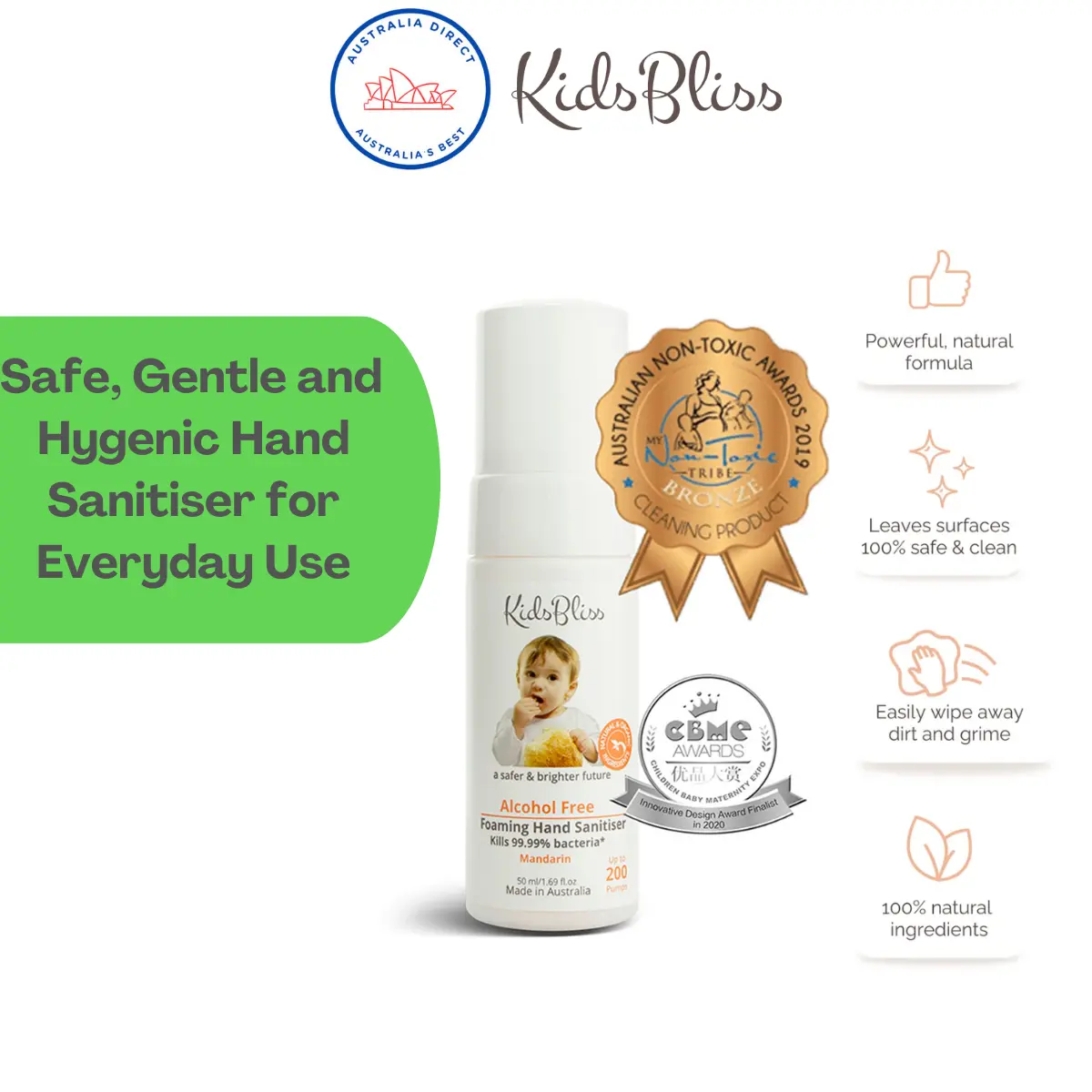 KidsBliss Alcohol Free Foaming Hand Sanitiser - Mandarin 50ml