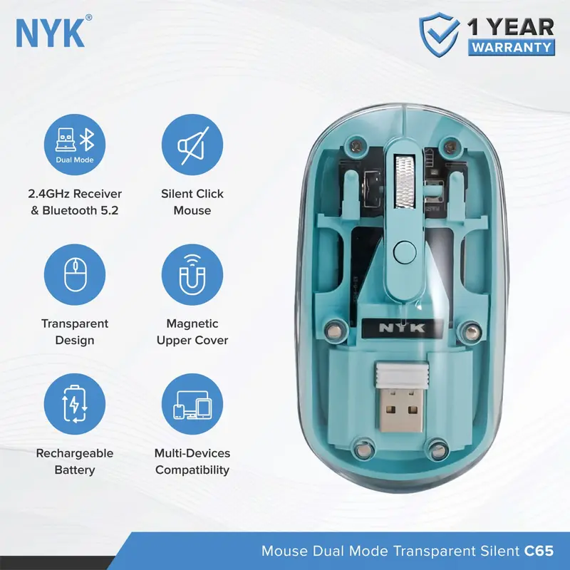 Mouse NYK C65 Silent Click Dual Mode Bluetooth Wireless Rechargeable Transparant Blue 3