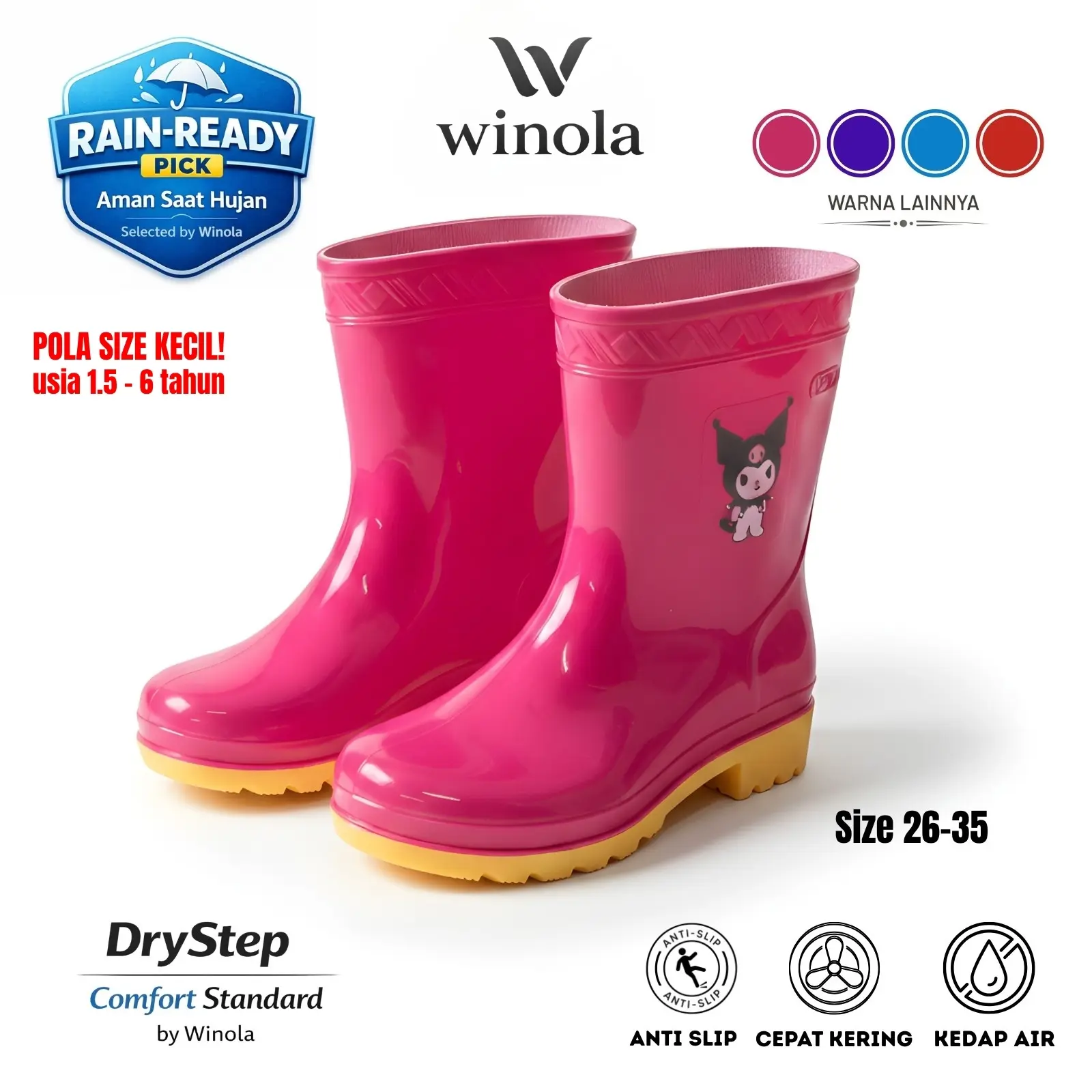 Winola - Sepatu Boot Air Anak Perempuan KUROMI Jelly PVC Rain-Ready Pick | DryStep Comfort Cepat Kering & Tahan Air Lucu 312-3