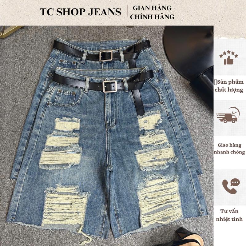 Quần jeans đùi rách TC SHOP JEANS bigsize 55-90kg dài 55cm màu xanh bụi vải jeans xước mềm đi chơi đi concert MS 4011