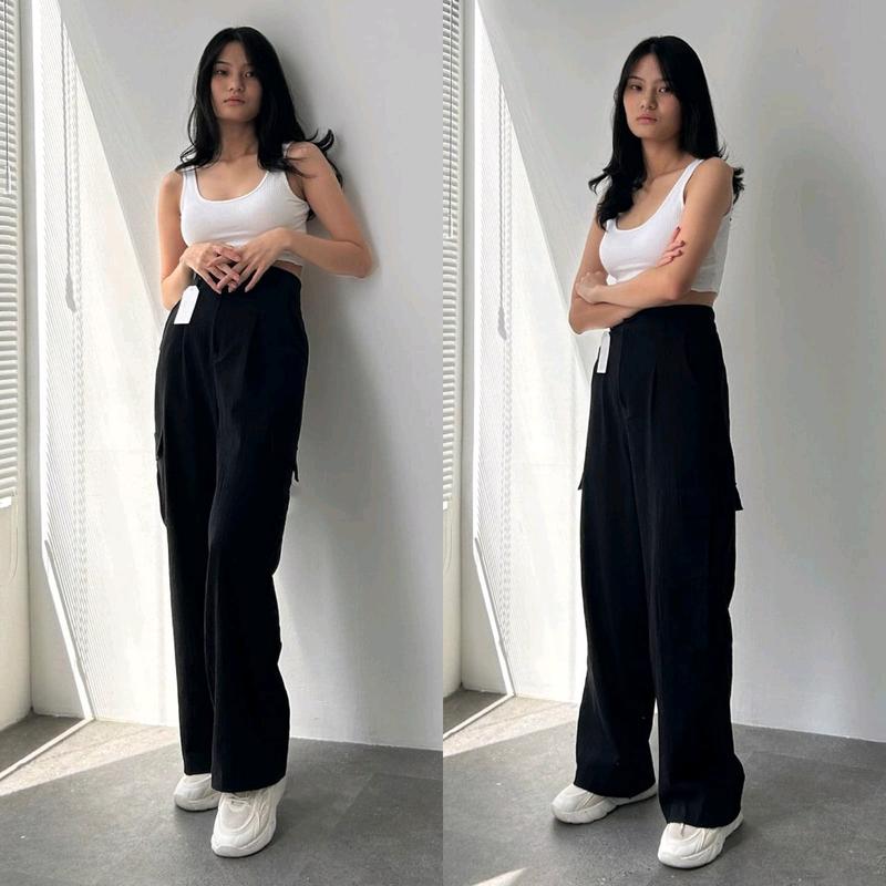 (TERMURAH CARGO)- Celana Cargo Highwaist Loose Linen Cringkle Celana Cargo Wanita Kulot Cargo Highwaist Wanita Kekinian 3