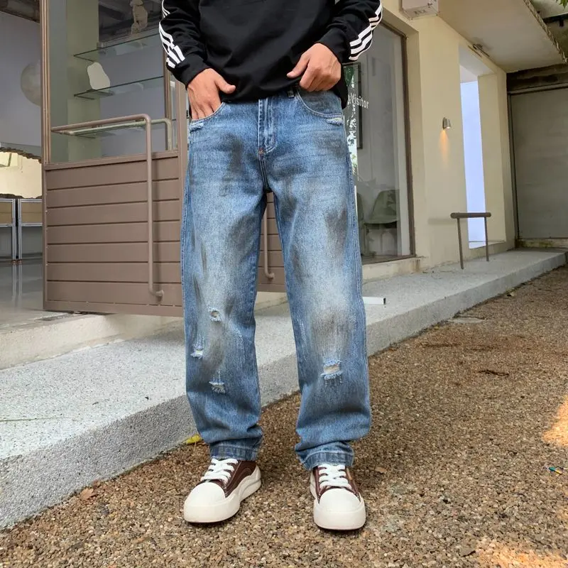 Quần Jean Denim, Thương Hiệu Hợp Xu Hướng Phong Cách Mới Của Nam Giới, Dáng Rộng Vừa Vặn, Ống Đứng, Màu Xanh Hoài Cổ, Mặc Hàng Ngày, Giặt Có Lỗ, Vải Bền, Khóa Kéo YKK Menswear Pants