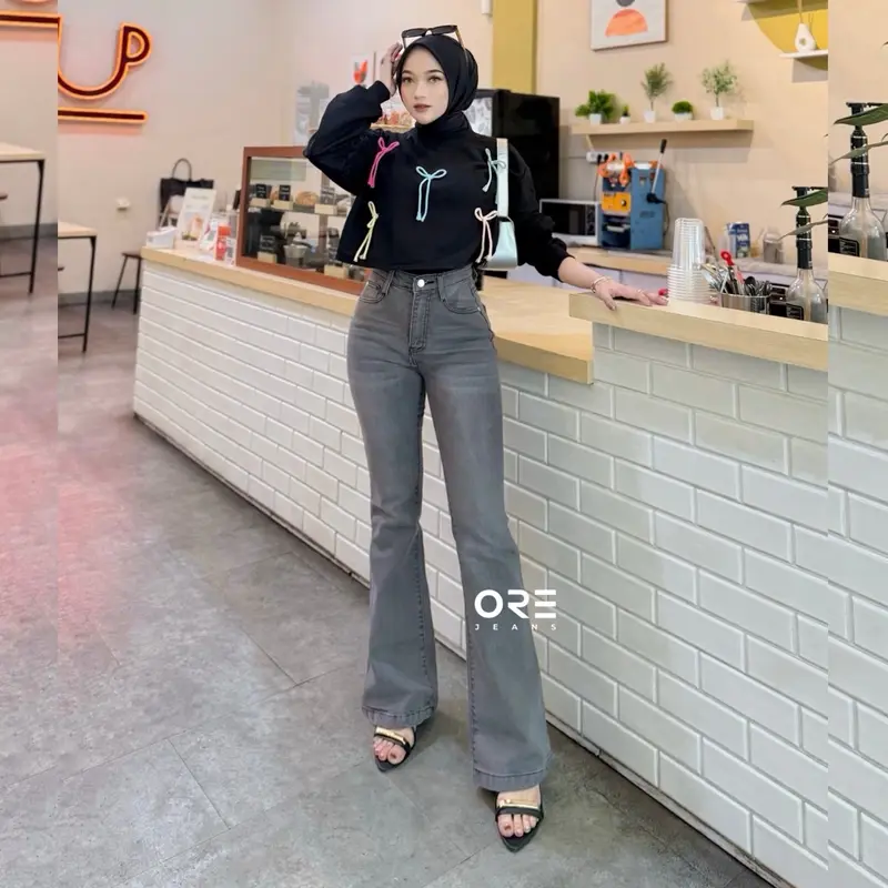 ORE - CZ 930 Size 27-34 - Highwaist Strecht Cutbray Jeans Vintage Black Washed Slim-fitting Celana Kaki 3