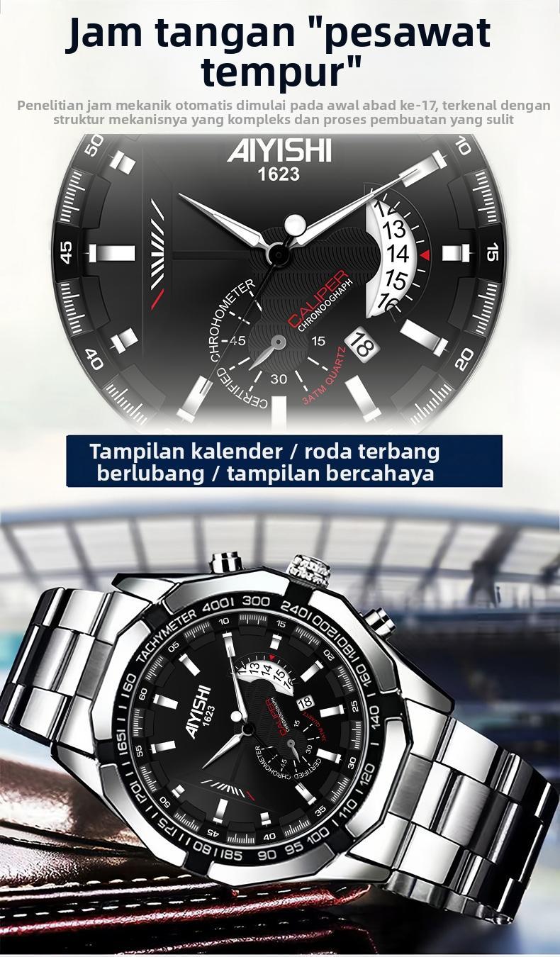 AIYISHI Jam Tangan Pria Mewah & Sporti 1623 Multifungsi Tahan Air 30M Dial Hitam Bodi Stainless Steel Garansi 2 Tahun Kaca Kristal Kuarsa Otomatis