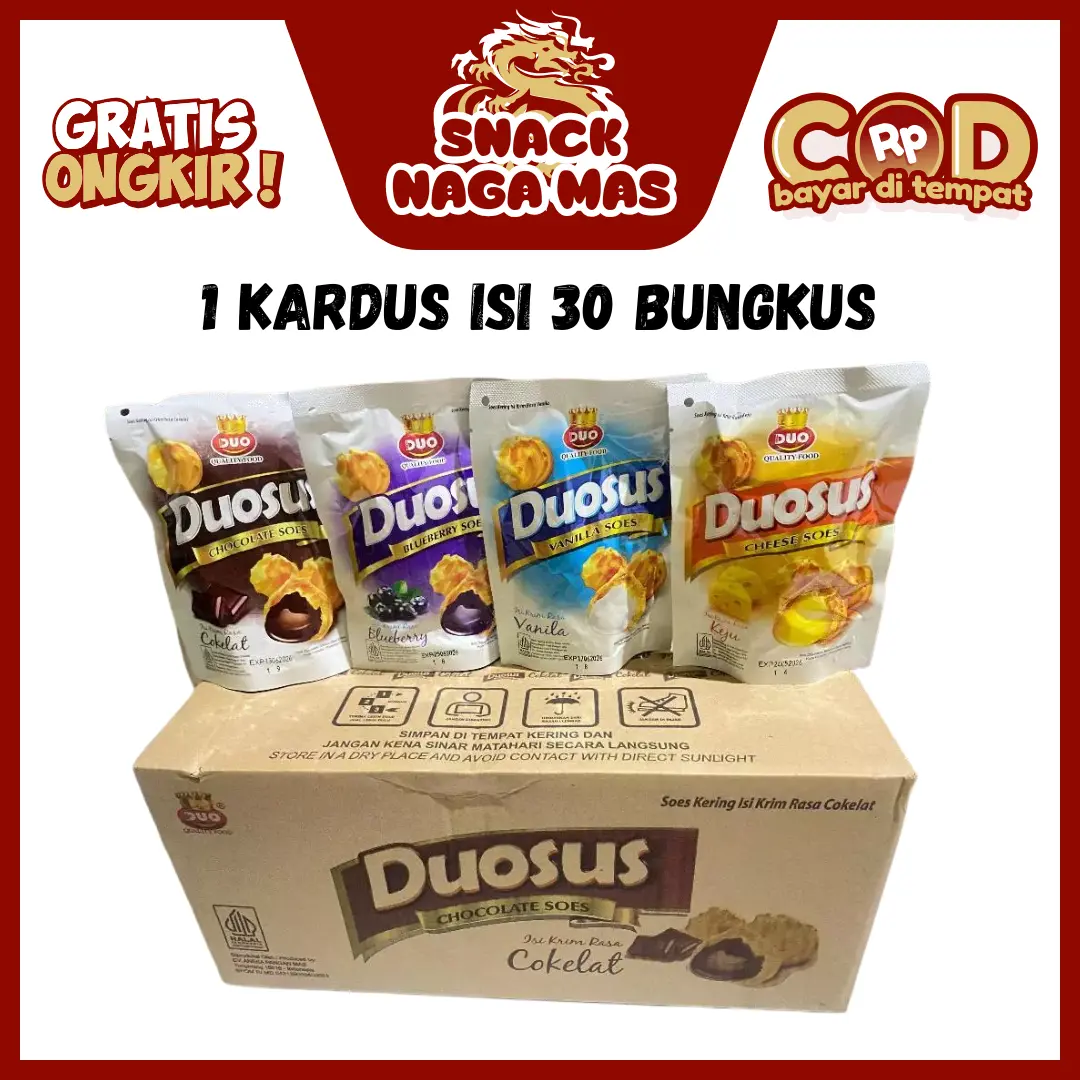 DUOSUS KUE SUS KUE SOES KERING ISI KRIM CEMILAN RASA COKELAT VANILA KEJU BLUEBERRY 1 BOX ISI 30 BUNGKUS]
