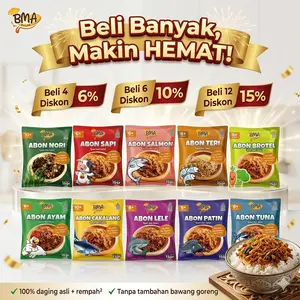 BMA Abon MPASI Anti GTM NON MSG Abon Bayi Anak BB Booster Bayi 6+ 8+ 10+ Ayam Sapi Tuna Salmon Lele Sayur
