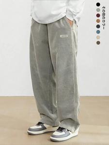 メンズルーズレターパッチドローストリングウエストストレートレッグパンツ、カジュアルポケットコーデュロイパンツ、ナショナルデーの服、ファッションメンズボトムス、オールシーズンズ