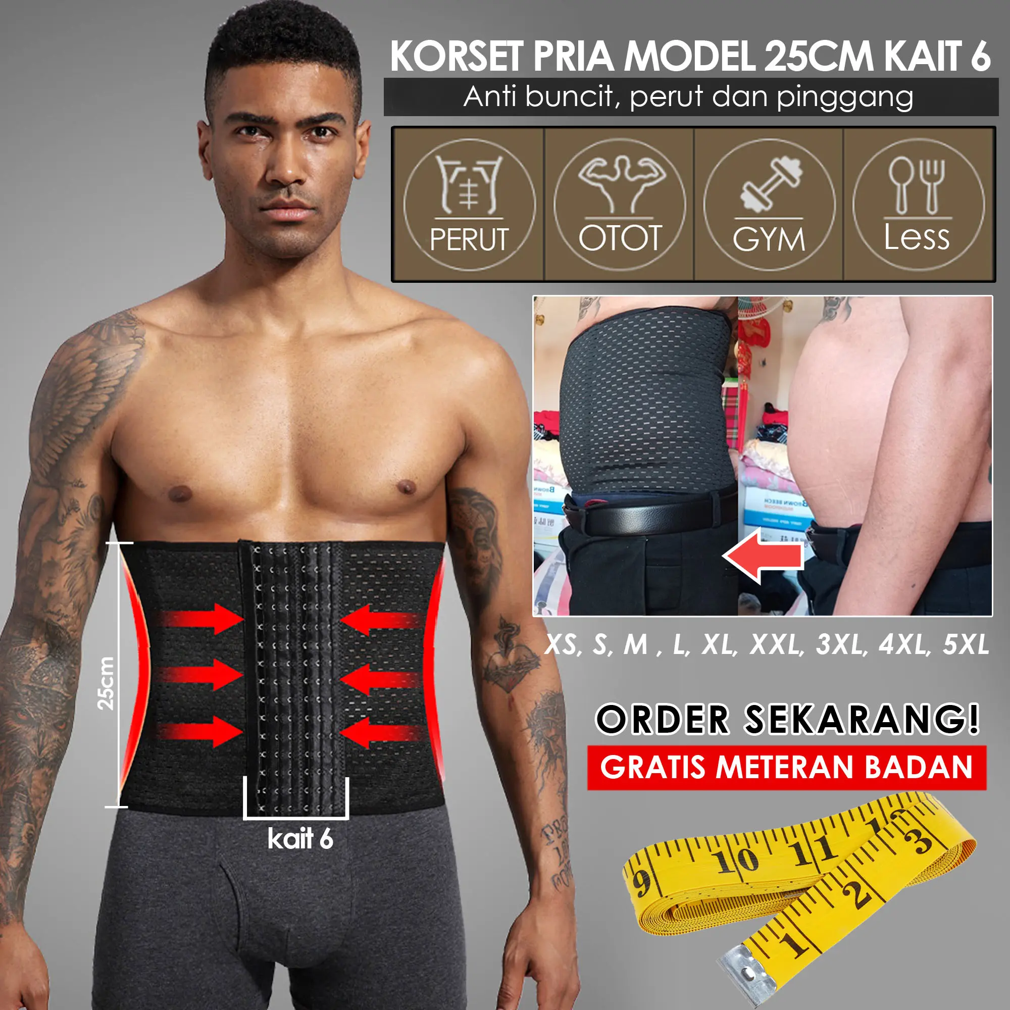 Korset pria anti buncit model 25cm kait 6/ korset cowok perut pinggang elastis nyaman buat seharian dan korset olahraga