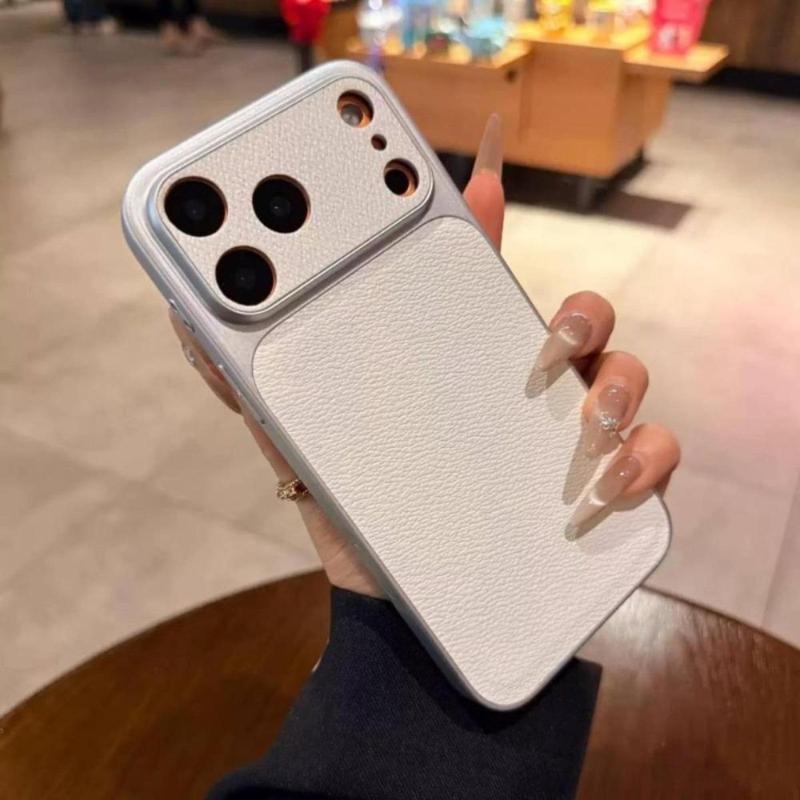 Ốp Lưng Dẹp Viền Da Giả Da Li Ti Bao Trọn Camera Viền Vuông Thiết Kế Màu Kem Mềm Mịn, Chống Trượt Không Rơi Tay Cho IPhone 17, 16, 15, 14, 13, 12, 11, Pro, Pro Max, Plus, Xr, Xs Max, X.