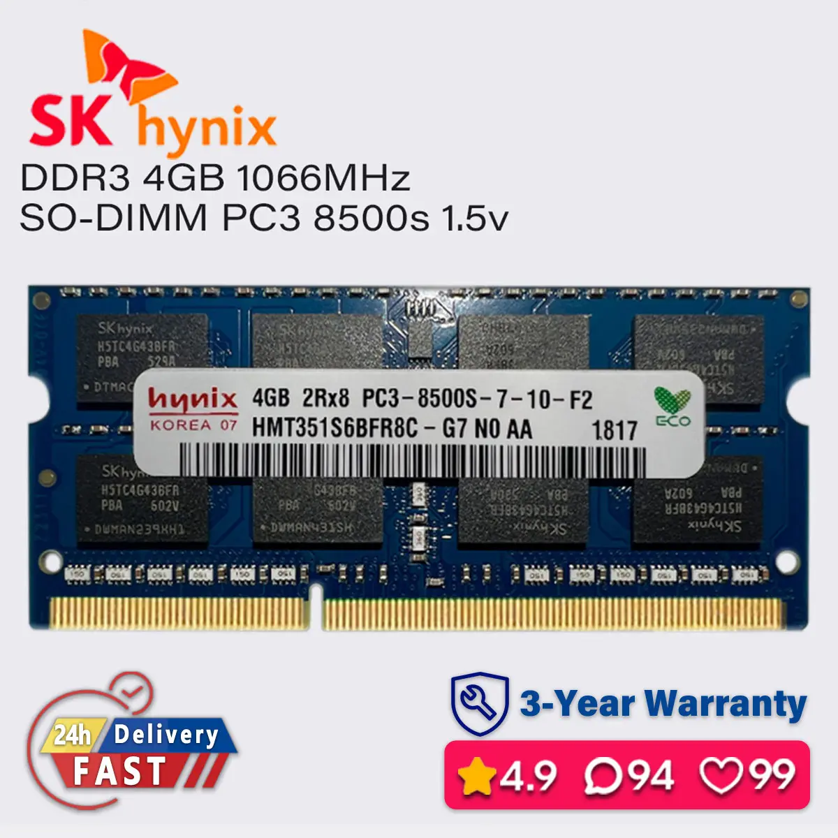 SK Hynix 4gb 1066mhz ddr3 memory laptop ram sodimm pc3 8500s 1.5v