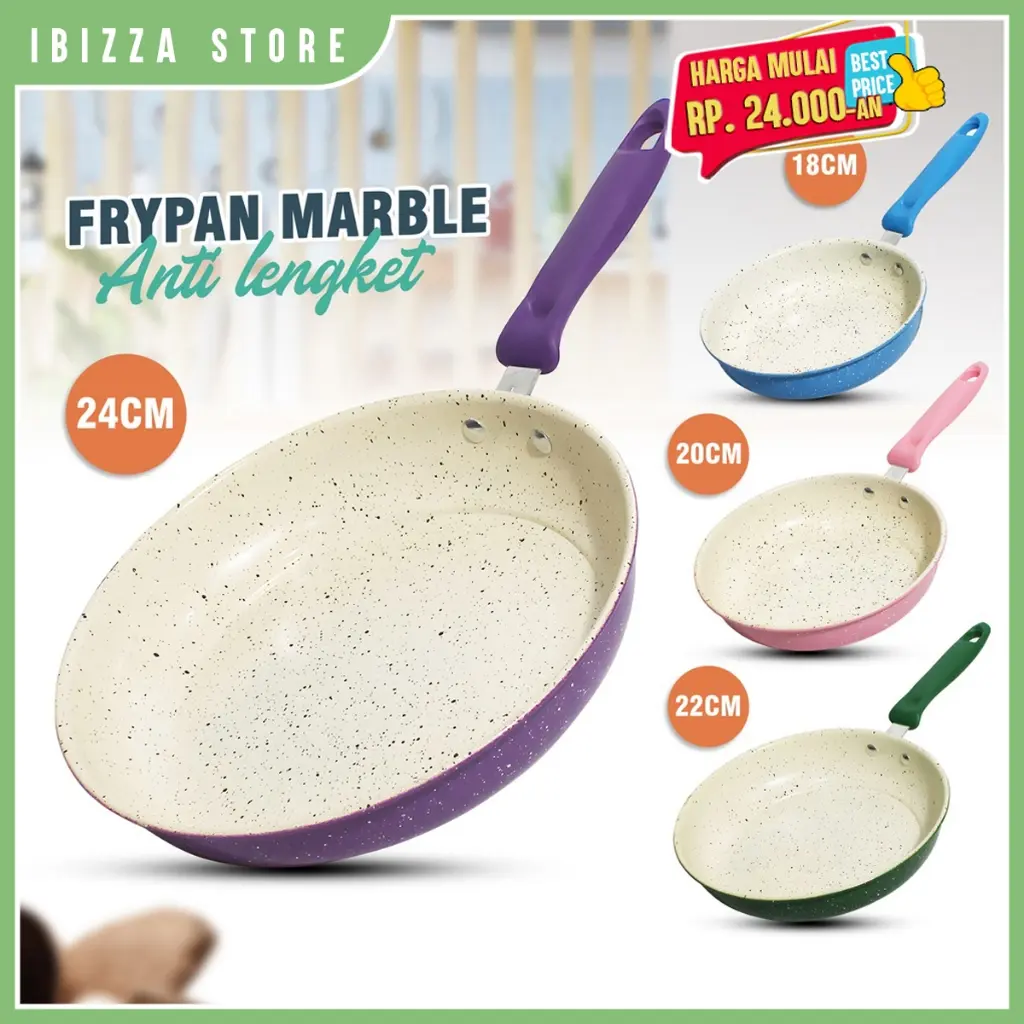 PANCI TEFLON WARNA / FRYPAN MARBLE ANTI LENGKET WAJAN GAGANG 18CM 20CM 22CM 24CM