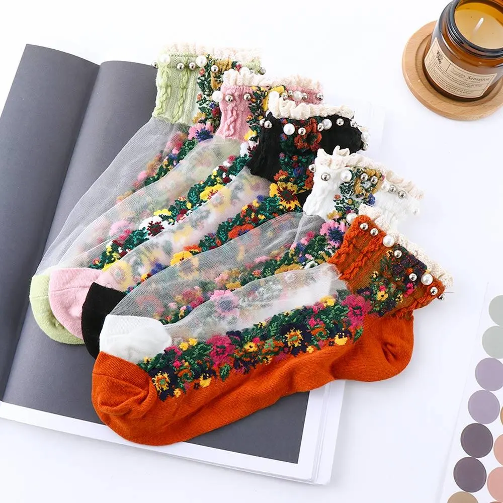 Tất Lưới Cắt Nông Trong Suốt Cho Nữ, Dễ Thương, Hàng Dệt Kim, Thêu Hoa, Tất Ngắn, Tất Thuyền