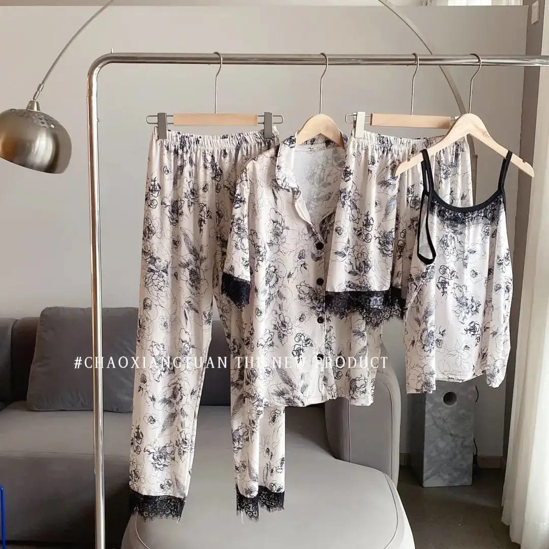 [COD] Set Piyama wanit empat potong motif bunga gaya cina baju tidur adem lembut nyaman elegan WeiweiUniqlah