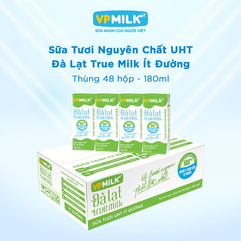 Thùng 48 hộp 180ml Sữa tươi VPMilk Đà Lạt True Milk Ít đường Sữa tươi nguyên chất hoàn toàn từ cao nguyên Đà Lạt Vị Tươi Rất Đà Lạt MS1