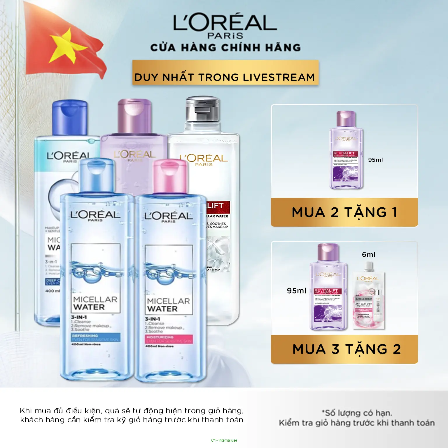 Nước tẩy trang và làm sạch sâu 3-in-1 L'Oreal Paris Micellar Water 400ml (5 phân loại) Cosmetic