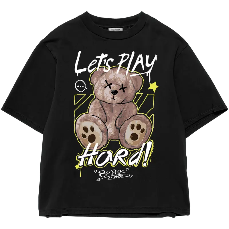 Kaos Wanita Pria Bahan Katun Teddy Bear Lets Play Beruang Lengan Pendek combed baju T-shirt Dewasa Top atasan Distro Unisex Tebal Merah 0