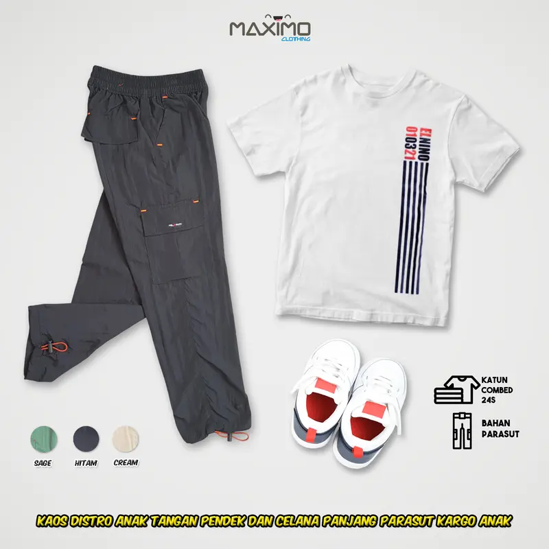 Setelan Baju Kaos Anak - 010321 dan Celana Kargo Parasut Panjang 3 warna - untuk Usia 4 Hingga 12 Tahun - Fashion Anak 0