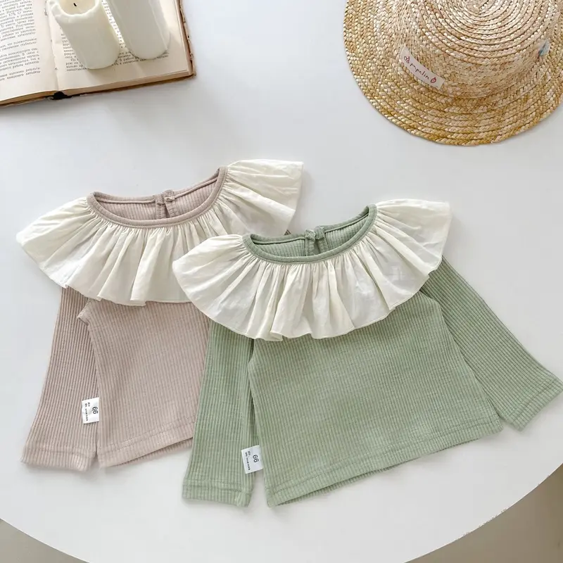 Áo Mùa Thu Cho Bé Gái, Áo Dài Tay Có Cổ Hoa Sen Màu Trơn, Áo Thun Cho Bé Gái, Quần Áo Trẻ Em, Áo Cho Bé Gái 0-2 Tuổi 0