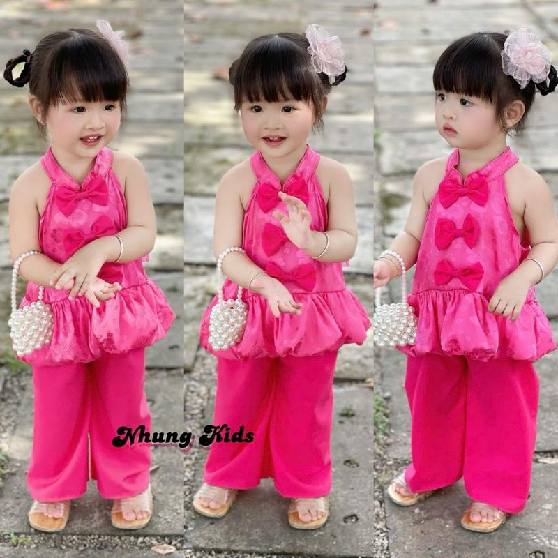   8-13kg  Bộ gấm áo cổ yếm gấm đính nơ quần lửng vải lụa cho bé gái dưới 3 tuổi 