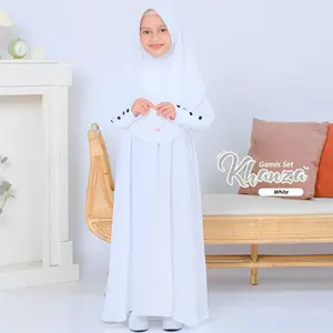 GAMIS ANAK SET HIJAB BERGO USIA 5-13 TAHUN BAJU MUSLIM ANAK PEREMPUAN SET KERUDUNG BAHAN Crinkle Airflow Gamis Lebaran Anak Wanita Tanggung Setelan Panjang Dress Shakila Warna Denim Hitam