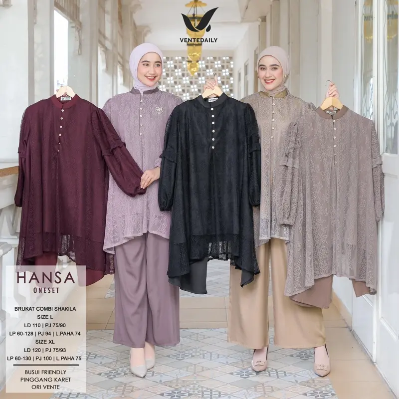 Vente Daily Hansa One Set / Muslim One Set Wanita Kekinian Ootd Outfit Kondangan Lace Combi Shakila Oversize Bumil Busui Hansa One Set 0