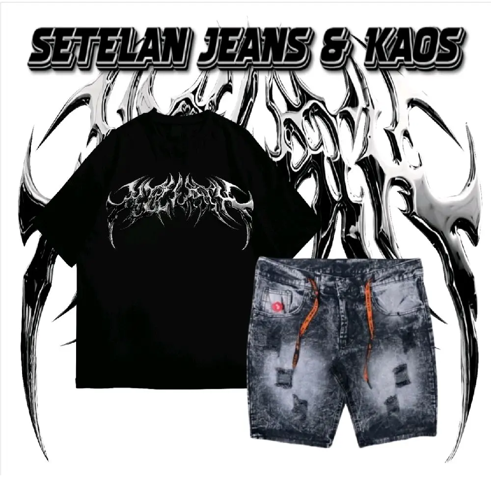 One Set Metal Grond Celana Jeans Sobek Pendek Dan Kaos Distro Dewasa
