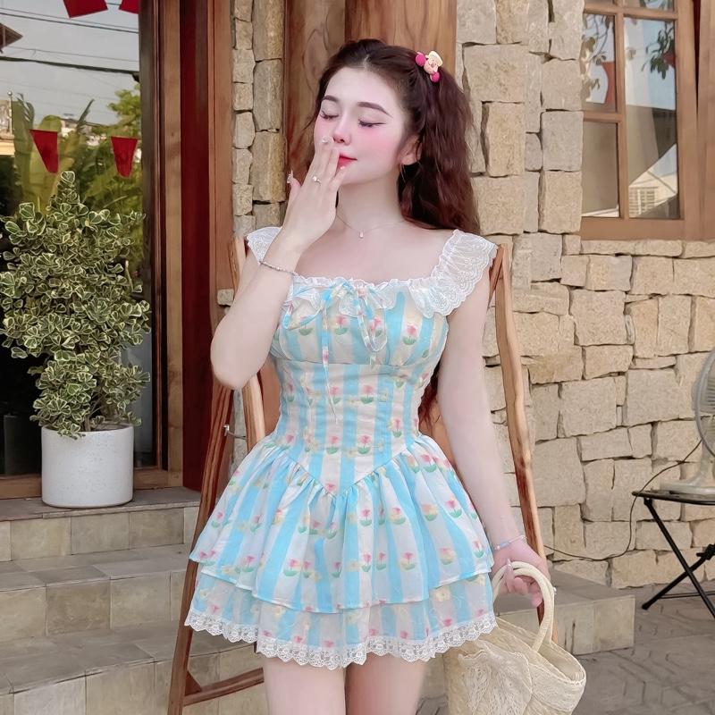 Pk06 Váy Kẻ Hoa TuLip Xoè Tầng Chân Ren ( ảnh thật) tôn dáng trẻ trung ,38-54kg,sz S/M