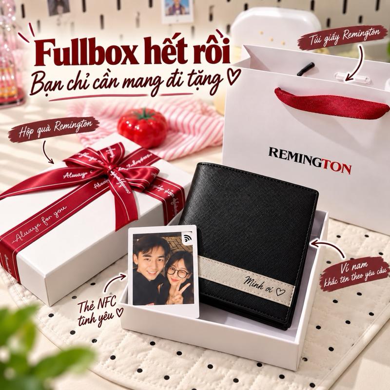 [ Fullbox Đã Gói Quà ] Ví nam khắc tên theo yêu cầu Remington - Cosmos đứng miễn phí in 3 ảnh và tặng kèm hộp, túi giấy làm quà tặng cho người yêu, chồng  hoặc bố Kem Wallet
