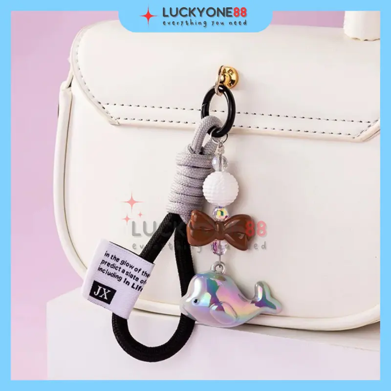 Gantungan kunci tali kain kepang paus kecil lucu warna-warni akrilik Tas Whale Resin Clay Bag Charm 0